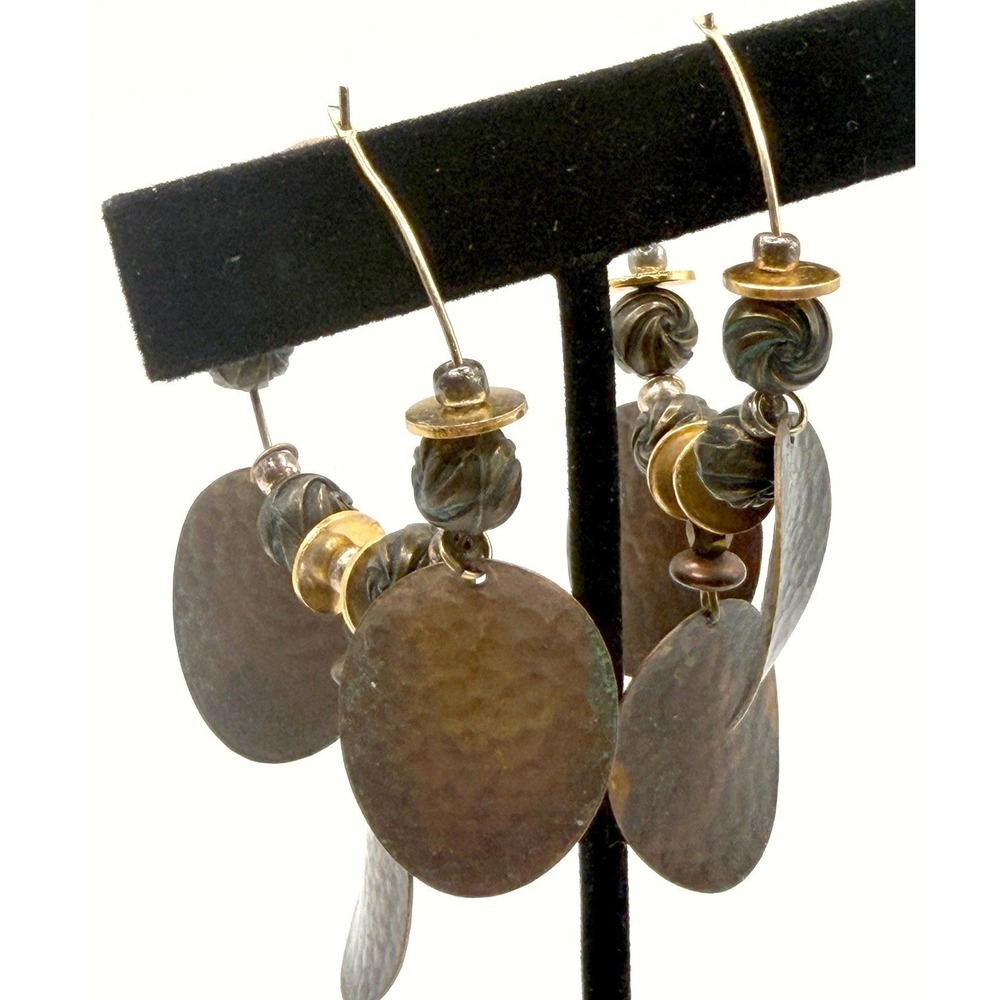 Vintage Hammered Metal Disc Hoop Earrings‎ 2.5" Boho Statement